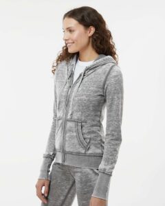 J. America 8913 Women’s Zen Fleece Full-Zip Hooded Sweatshirt – Cement (on model side)