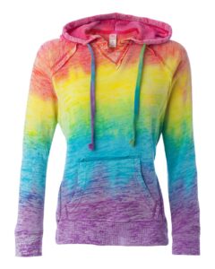 MV Sport W1162 Women’s Courtney Burnout V-Notch Hooded Sweatshirt – Rainbow Stripe