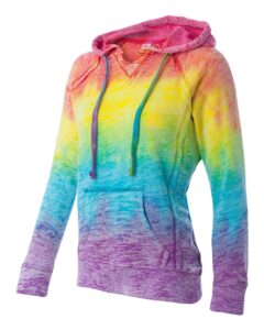 MV Sport W1162 Women’s Courtney Burnout V-Notch Hooded Sweatshirt – Rainbow Stripe (side)