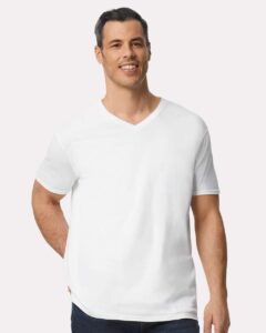 Gildan 64V00 Unisex Softstyle® V-Neck T-Shirt – White (on model)