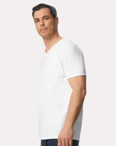 Gildan 64V00 Unisex Softstyle® V-Neck T-Shirt – White (on model side)