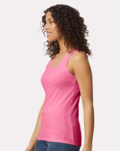 Gildan 64200L Women’s Softstyle® Tank Top – Azalea (on model side)