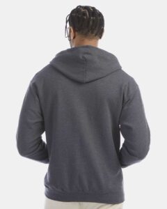 Champion S800 Unisex Powerblend® Full-Zip Hooded Sweatshirt – Charcoal Heather (on model back)