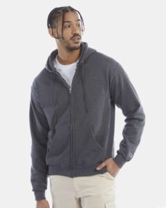 Champion S800 Unisex Powerblend® Full-Zip Hooded Sweatshirt – Charcoal Heather (on model)