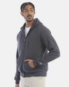 Champion S800 Unisex Powerblend® Full-Zip Hooded Sweatshirt – Charcoal Heather (on model side)