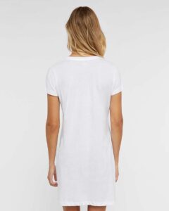 LAT 3522 Women’s Fine Jersey V-Neck Coverup – White (on model back)