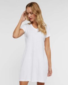 LAT 3522 Women’s Fine Jersey V-Neck Coverup – White (on model)