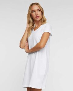 LAT 3522 Women’s Fine Jersey V-Neck Coverup – White (on model side)