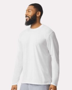 Gildan 42400 Unisex Performance® Long Sleeve T-Shirt – White (on model side)