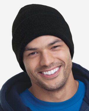 Bayside 3825 USA-Made 12” Knit Cuffed Beanie – Black (side)