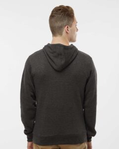 J. America 8620 Men’s Cloud Fleece Hooded Sweatshirt – Charcoal Heather (on model back)
