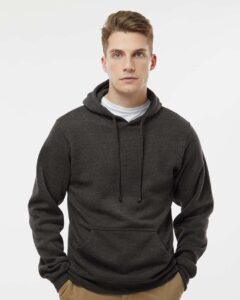 J. America 8620 Men’s Cloud Fleece Hooded Sweatshirt – Charcoal Heather (on model)