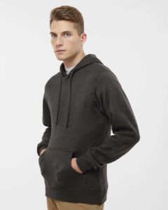 J. America 8620 Men’s Cloud Fleece Hooded Sweatshirt – Charcoal Heather (on model side)
