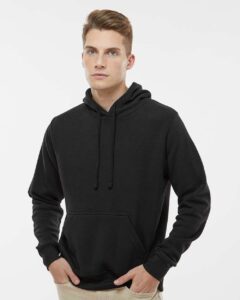 J. America 8620 Men’s Cloud Fleece Hooded Sweatshirt – Black (on model)
