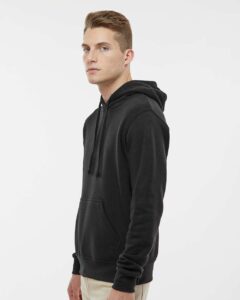J. America 8620 Men’s Cloud Fleece Hooded Sweatshirt – Black (on model side)