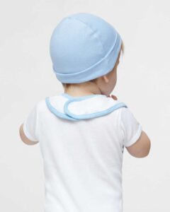 Rabbit Skins 1004 Infant Contrast Trim Premium Jersey Bib – White/ Light Blue (on model back)
