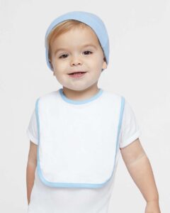 Rabbit Skins 1004 Infant Contrast Trim Premium Jersey Bib – White/ Light Blue (on model)