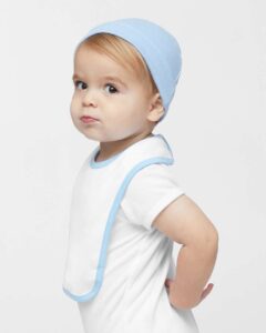 Rabbit Skins 1004 Infant Contrast Trim Premium Jersey Bib – White/ Light Blue (on model side)