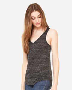 BELLA + CANVAS 8805 Women’s Flowy V-Neck Tank – Black Marble (on model side)