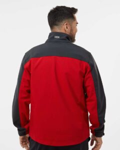 DRI DUCK 5350 Men’s Motion Soft Shell Jacket – Red/ Charcoal (on model back)