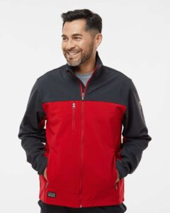 DRI DUCK 5350 Men’s Motion Soft Shell Jacket – Red/ Charcoal (on model)