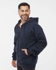 DRI DUCK 7033 Men’s Crossfire Heavyweight Power Fleece Hooded Jacket with Thermal Lining – Navy (on model side)