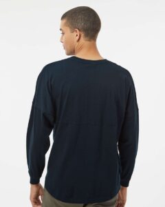 J. America 8229 Unisex Game Day Jersey Long Sleeve T-Shirt – Navy (on model back)