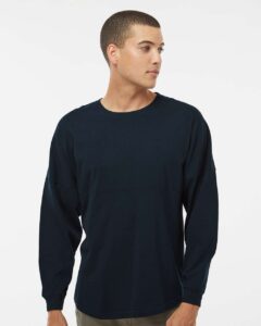 J. America 8229 Unisex Game Day Jersey Long Sleeve T-Shirt – Navy (on model)