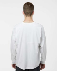 J. America 8229 Unisex Game Day Jersey Long Sleeve T-Shirt – White (on model back)