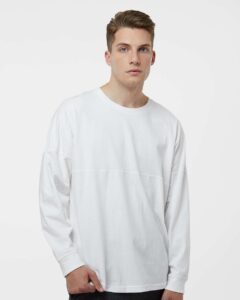 J. America 8229 Unisex Game Day Jersey Long Sleeve T-Shirt – White (on model)