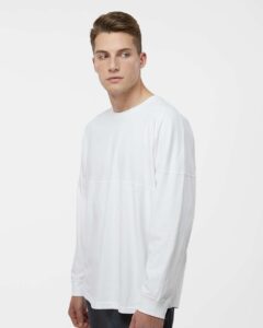J. America 8229 Unisex Game Day Jersey Long Sleeve T-Shirt – White (on model side)
