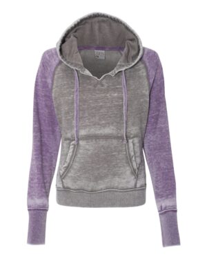 J. America 8926 Women’s Zen Fleece Raglan Hooded Sweatshirt – Cement/ Very Berry