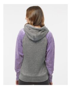 J. America 8926 Women’s Zen Fleece Raglan Hooded Sweatshirt – Cement/ Very Berry (on model back)