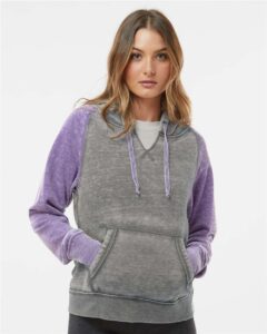 J. America 8926 Women’s Zen Fleece Raglan Hooded Sweatshirt – Cement/ Very Berry (on model)