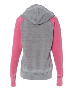 J. America 8926 Women’s Zen Fleece Raglan Hooded Sweatshirt – Cement/ Wildberry (back)