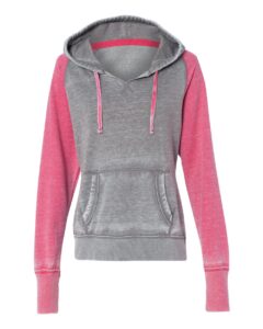J. America 8926 Women’s Zen Fleece Raglan Hooded Sweatshirt – Cement/ Wildberry