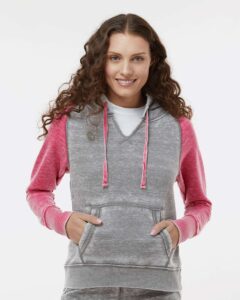 J. America 8926 Women’s Zen Fleece Raglan Hooded Sweatshirt – Cement/ Wildberry (on model)
