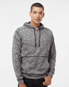 J. America 8613 Men’s Cosmic Fleece Hooded Sweatshirt – Charcoal Fleck (on model)