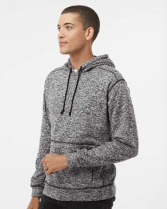 J. America 8613 Men’s Cosmic Fleece Hooded Sweatshirt – Charcoal Fleck (on model side)