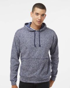 J. America 8613 Men’s Cosmic Fleece Hooded Sweatshirt – Navy Fleck (on model)