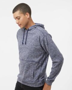 J. America 8613 Men’s Cosmic Fleece Hooded Sweatshirt – Navy Fleck (on model side)