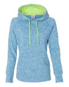 J. America 8616 Women’s Cosmic Fleece Hooded Sweatshirt – Electric Blue/ Neon Green