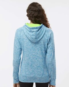 J. America 8616 Women’s Cosmic Fleece Hooded Sweatshirt – Electric Blue/ Neon Green (on model back)