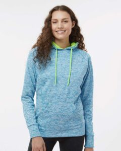 J. America 8616 Women’s Cosmic Fleece Hooded Sweatshirt – Electric Blue/ Neon Green (on model)