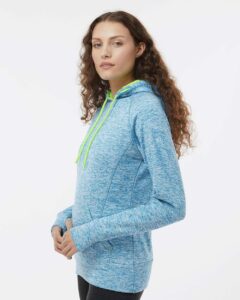 J. America 8616 Women’s Cosmic Fleece Hooded Sweatshirt – Electric Blue/ Neon Green (on model side)