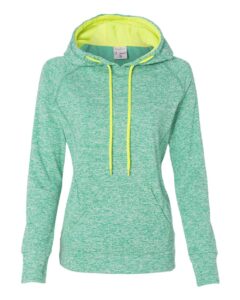 J. America 8616 Women’s Cosmic Fleece Hooded Sweatshirt – Emerald/ Neon Yellow