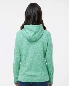 J. America 8616 Women’s Cosmic Fleece Hooded Sweatshirt – Emerald/ Neon Yellow (on model back)