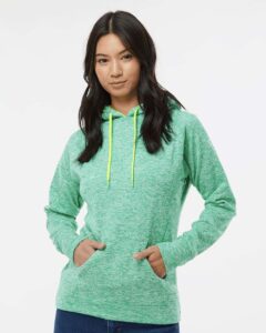 J. America 8616 Women’s Cosmic Fleece Hooded Sweatshirt – Emerald/ Neon Yellow (on model)