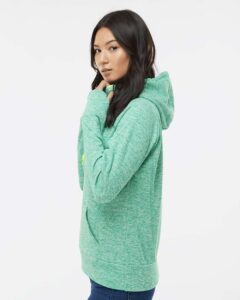 J. America 8616 Women’s Cosmic Fleece Hooded Sweatshirt – Emerald/ Neon Yellow (on model side)