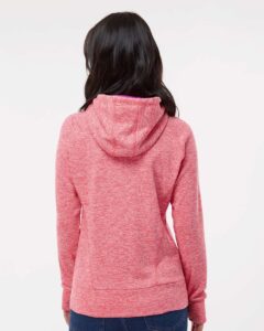 J. America 8616 Women’s Cosmic Fleece Hooded Sweatshirt – Fire Coral/ Magenta (on model back)